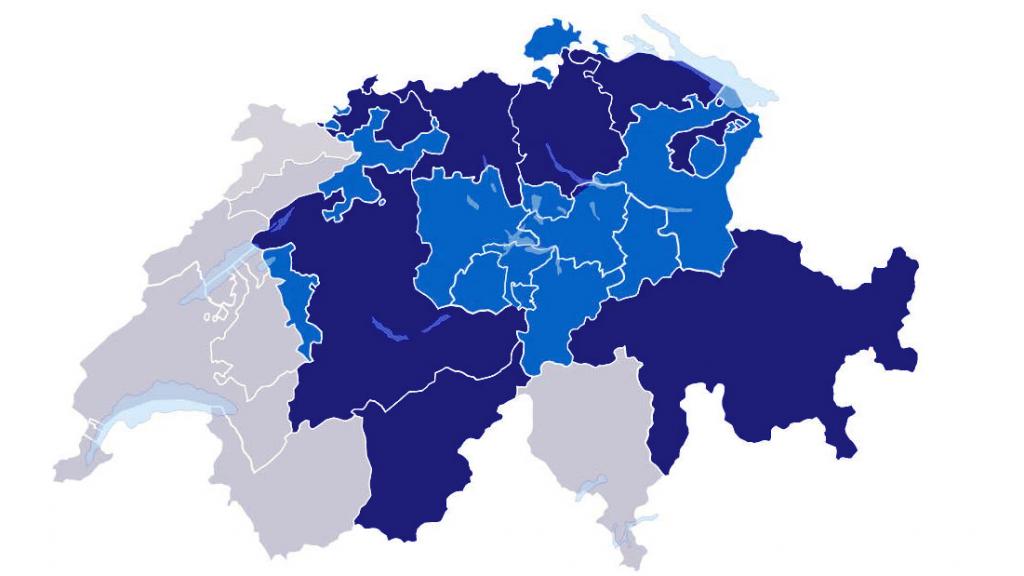 Mit Zürich sind es bald 14 Kantone (hellblau), die die Schnüerlischrift aus dem Lehrplan gestrichen haben. (© D-EDK / Screenshot)