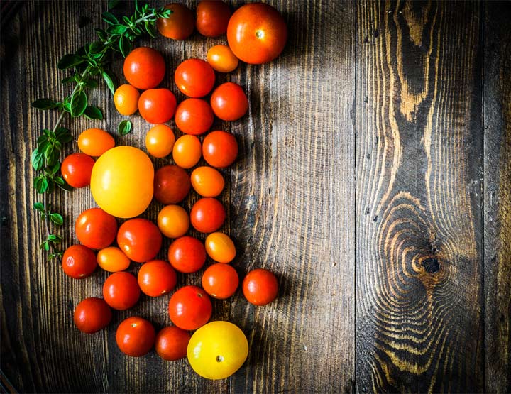 Tomaten und Basilikum arangiert auf Holzwand